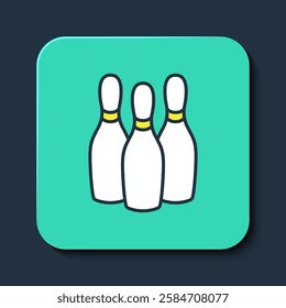 Filled outline Bowling pin icon isolated on blue background. Juggling clubs, circus skittles. Turquoise square button. Vector