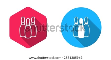 Filled and outline Bowling pin icon isolated with long shadow background. Juggling clubs, circus skittles.  Vector