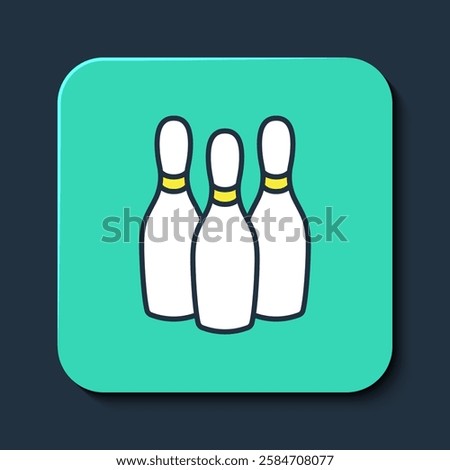 Filled outline Bowling pin icon isolated on blue background. Juggling clubs, circus skittles. Turquoise square button. Vector