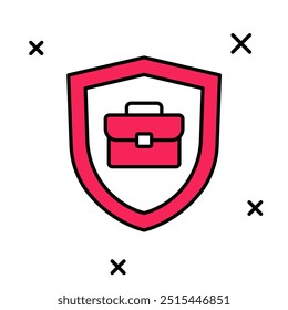 Filled outline Briefcase with shield icon isolated on white background. Insurance concept. Security, safety, protection, protect concept.  Vector