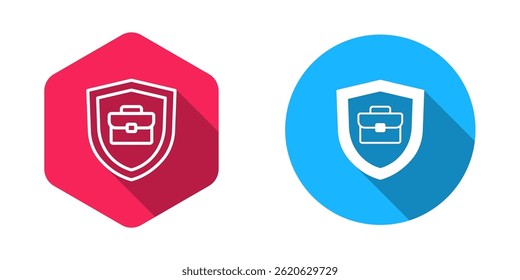 Filled and outline Briefcase with shield icon isolated with long shadow background. Insurance concept. Security, safety, protection, protect concept.  Vector