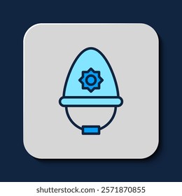 Filled outline British police helmet icon isolated on blue background.  Vector