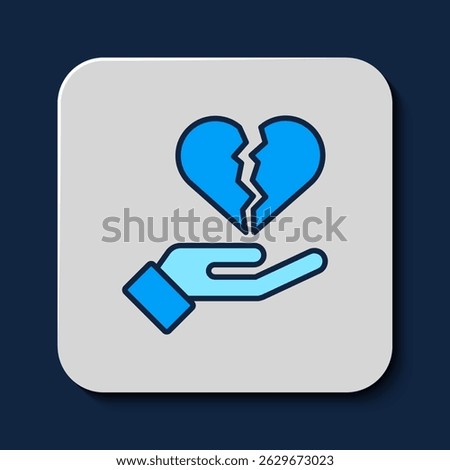 Filled outline Broken heart or divorce icon isolated on blue background. Love symbol. Valentines day.  Vector