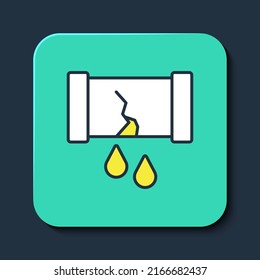 Borde relleno Tubo de aceite roto con icono de válvula aislado en fondo azul. Botón cuadrado turquesa. Vector