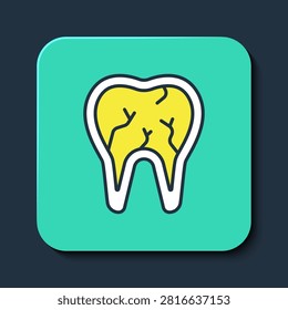 Filled outline Broken tooth icon isolated on blue background. Dental problem icon. Dental care symbol. Turquoise square button. Vector