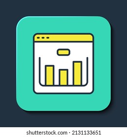 Filled outline Browser with stocks market growth graphs and money icon isolated on blue background. Monitor with stock charts arrow on screen. Turquoise square button. Vector