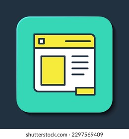 Filled outline Browser window icon isolated on blue background. Turquoise square button. Vector