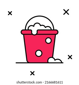 Cubo de contorno relleno con icono de espuma y burbujas aislado en fondo blanco. El concepto de servicio de limpieza.  Vector