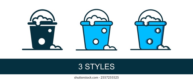 Filled outline Bucket with foam and bubbles icon isolated on white background. Cleaning service concept.  Vector