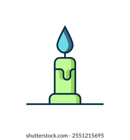 Vela ardiente en el icono del candelero aislado en el fondo blanco. Vela cilíndrica con llama ardiente. Estilo de contorno relleno plano con sombra. Vector