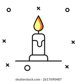 Filled outline Burning candle in candlestick icon isolated on white background. Cylindrical candle stick with burning flame. Flat filled outline style with shadow. Vector