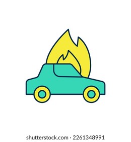 Filled outline Burning car icon isolated on white background. Car on fire. Broken auto covered with fire and smoke.  Vector