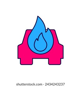 Filled outline Burning car icon isolated on white background. Car on fire. Broken auto covered with fire and smoke.  Vector