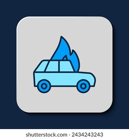 Filled outline Burning car icon isolated on blue background. Car on fire. Broken auto covered with fire and smoke.  Vector