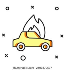Filled outline Burning car icon isolated on white background. Car on fire. Broken auto covered with fire and smoke. Flat filled outline style with shadow. Vector