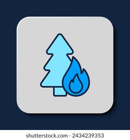 Filled outline Burning forest trees in fire flames icon isolated on blue background. Natural disaster concept.  Vector