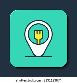 Filled outline Cafe and restaurant location icon isolated on blue background. Fork eatery sign inside pinpoint. Turquoise square button. Vector.