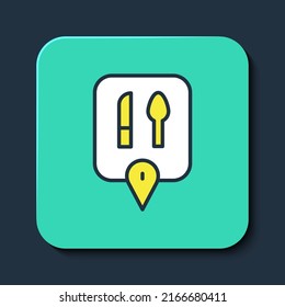 Filled outline Cafe and restaurant location icon isolated on blue background. Knife and spoon eatery sign inside pinpoint. Turquoise square button. Vector.