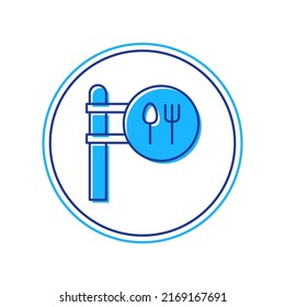 Filled outline Cafe and restaurant location icon isolated on white background. Fork and spoon eatery sign inside pinpoint.  Vector.