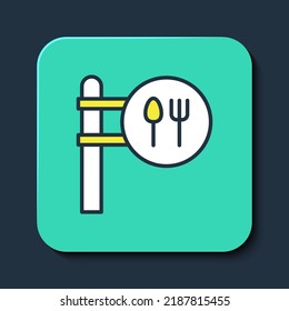 Filled outline Cafe and restaurant location icon isolated on blue background. Fork and spoon eatery sign inside pinpoint. Turquoise square button. Vector.