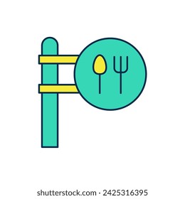 Filled outline Cafe and restaurant location icon isolated on white background. Fork and spoon eatery sign inside pinpoint.  Vector.