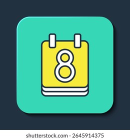 Filled outline Calendar with 8 March icon isolated on blue background. International Happy Women Day. Turquoise square button. Vector