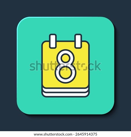 Filled outline Calendar with 8 March icon isolated on blue background. International Happy Women Day. Turquoise square button. Vector