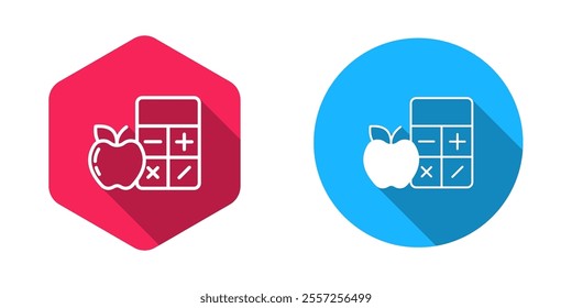 Filled and outline Calorie calculator icon isolated on isolated with long shadow background. Calorie count. Diet. Weight loss. Portion control. Healthy eating. Dietary nutrition.  Vector