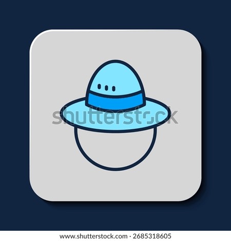 Filled outline Camping hat icon isolated on blue background. Beach hat panama. Explorer travelers hat for hunting, hiking, tourism.  Vector