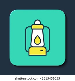Filled outline Camping lantern icon isolated on blue background. Turquoise square button. Vector