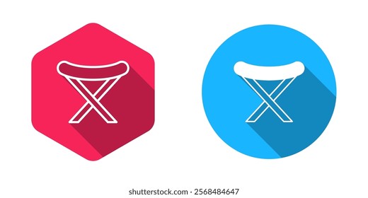 Filled and outline Camping portable folding chair icon isolated with long shadow background. Rest and relax equipment. Fishing seat.  Vector