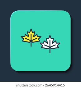 Contorno preenchido Canadian Bege ícone folha isolado no fundo azul. Folha de bordo símbolo do Canadá. Botão quadrado turquesa. Vetor