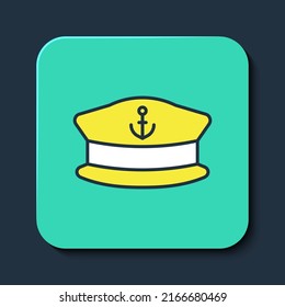 Filled outline Captain hat icon isolated on blue background. Turquoise square button. Vector
