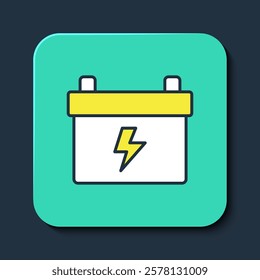 Filled outline Car battery icon isolated on blue background. Accumulator battery energy power and electricity accumulator battery. Turquoise square button. Vector