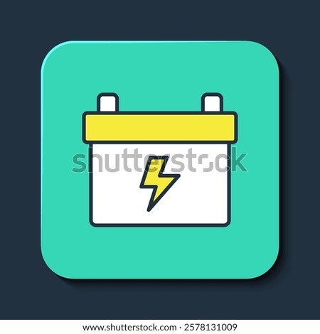 Filled outline Car battery icon isolated on blue background. Accumulator battery energy power and electricity accumulator battery. Turquoise square button. Vector