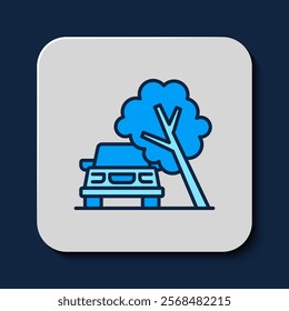 Filled outline Car damaged by fallen tree icon isolated on blue background. Auto insurance case. Car crash with tree, road accident.  Vector