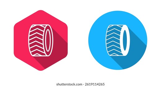 Filled and outline Car tire wheel icon isolated with long shadow background.  Vector