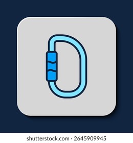 Filled outline Carabiner icon isolated on blue background. Extreme sport. Sport equipment.  Vector