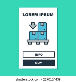 Filled outline Cardboard boxes on pallet icon isolated on turquoise background. Closed carton delivery packaging box with fragile signs.  Vector