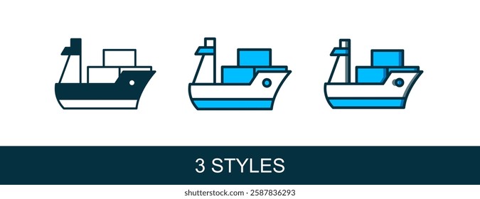 Filled outline Cargo ship icon isolated on white background.  Vector