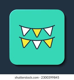 Filled outline Carnival garland with flags icon isolated on blue background. Party pennants for birthday celebration, festival decoration. Turquoise square button. Vector