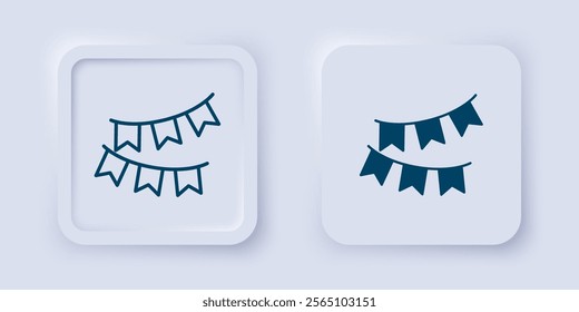 Filled and outline Carnival garland with flags icon isolated on grey background. Party pennants for birthday celebration, festival decoration. Square button. Vector