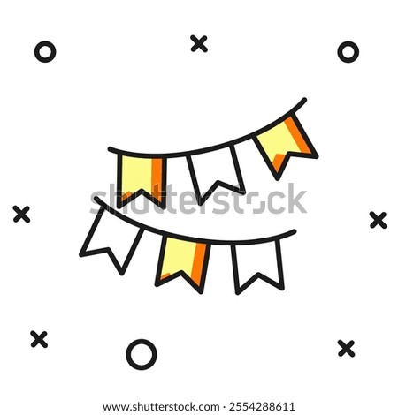 Filled outline Carnival garland with flags icon isolated on white background. Party pennants for birthday celebration, festival decoration. Flat filled outline style with shadow. Vector