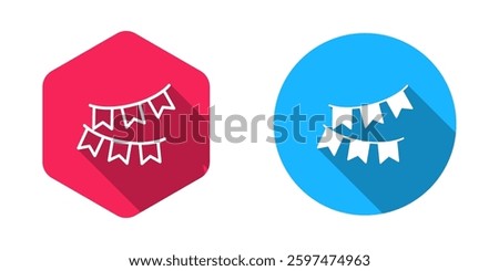 Filled and outline Carnival garland with flags icon isolated with long shadow background. Party pennants for birthday celebration, festival decoration.  Vector