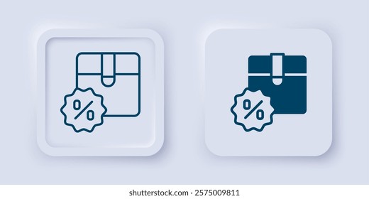 Filled and outline Carton cardboard box with discount percent tag icon isolated on grey background. Box, package, parcel sign. Delivery and packaging. Square button. Vector