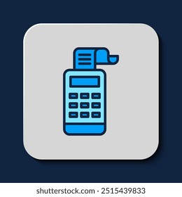 Filled outline Cash register machine with a check icon isolated on blue background. Cashier sign. Cashbox symbol.  Vector