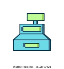 Filled outline Cash register machine with a check icon isolated on white background. Cashier sign. Cashbox symbol. Flat filled outline style with shadow. Vector