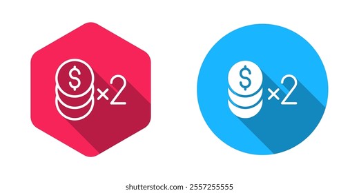 Filled and outline Casino chip with dollar symbol icon isolated with long shadow background. Casino gambling.  Vector