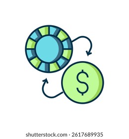 Filled outline Casino chips exchange on dollar icon isolated on white background. Flat filled outline style with shadow. Vector
