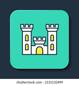 Filled outline Castle icon isolated on blue background. Medieval fortress with a tower. Protection from enemies. Reliability and defense of the city. Turquoise square button. Vector